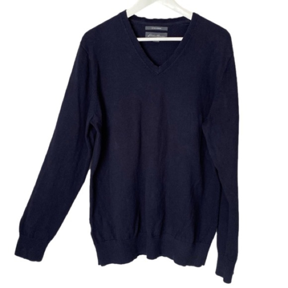 EDDIE BAUER Cotton-Cashmere V-Neck Long Sleeve Sweater Navy Blue Mens Size TL - Picture 2 of 7